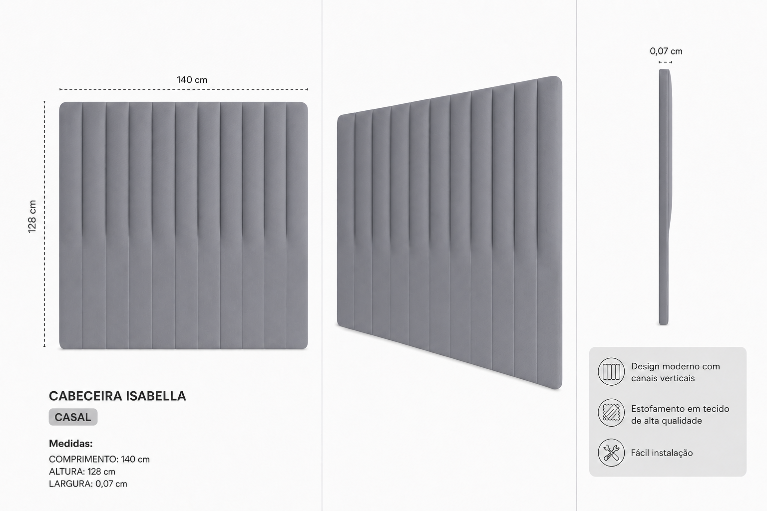 Cabeceira Isabella Casal 140cm  Cinza