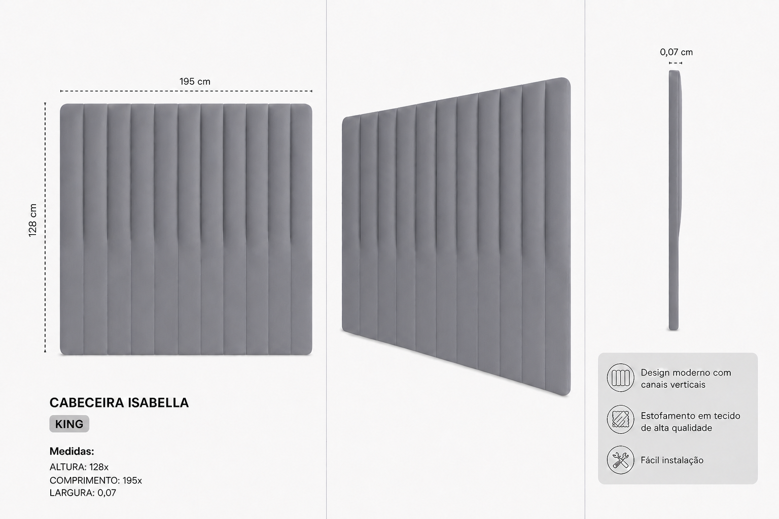 Cabeceira Isabella King 195cm  Cinza