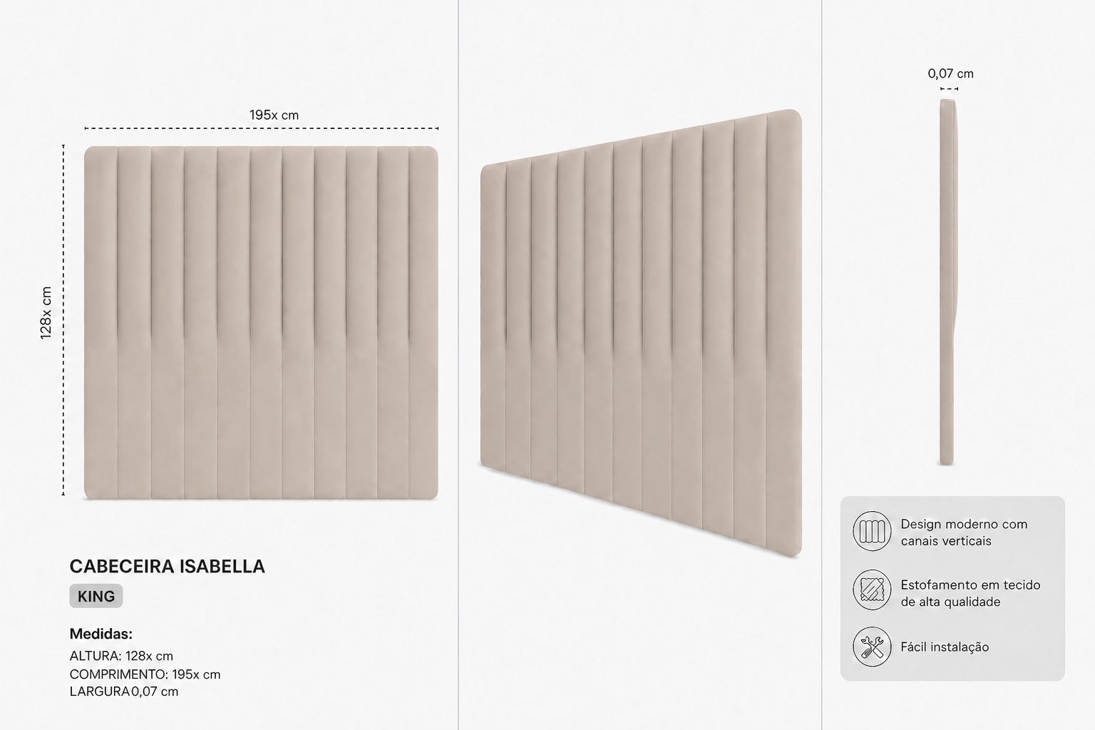Cabeceira Isabella King 195cm  Bege