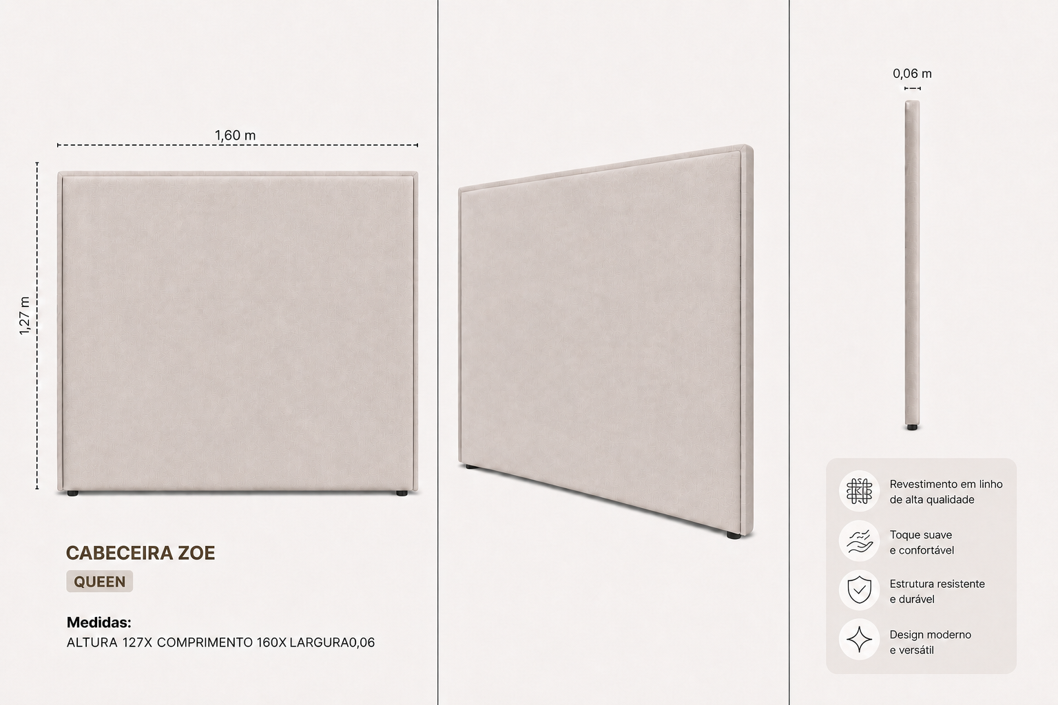Cabeceira Zoe Queen 160cm  Bege