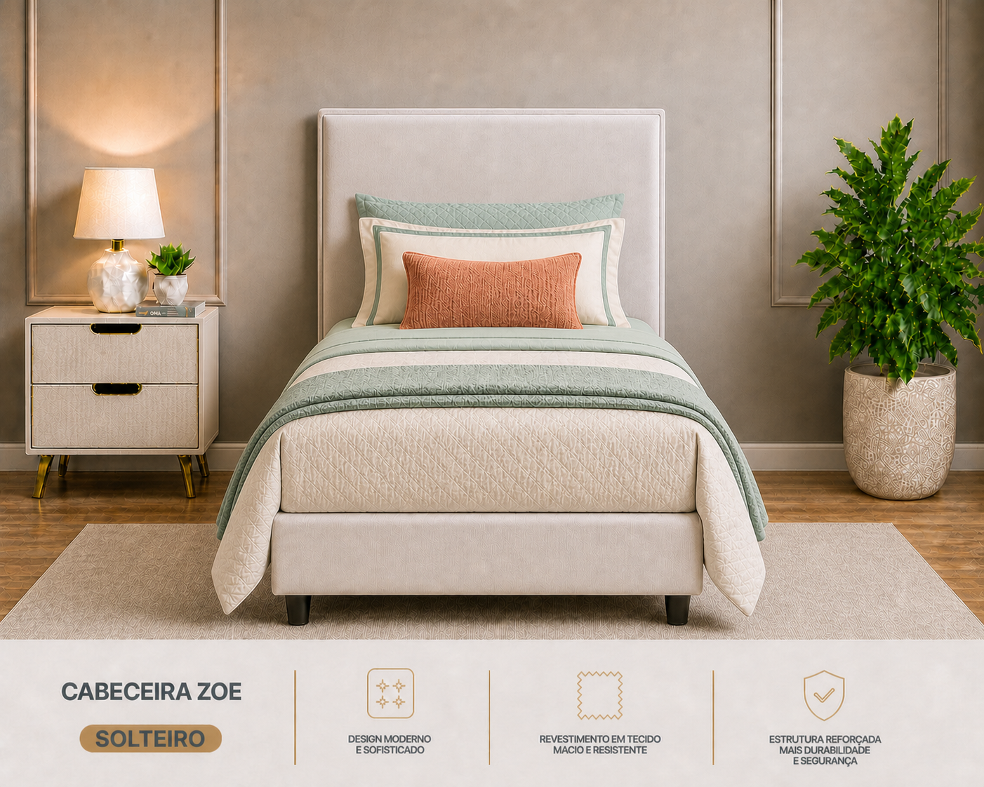 Cabeceira Zoe Solteiro 090cm  Bege