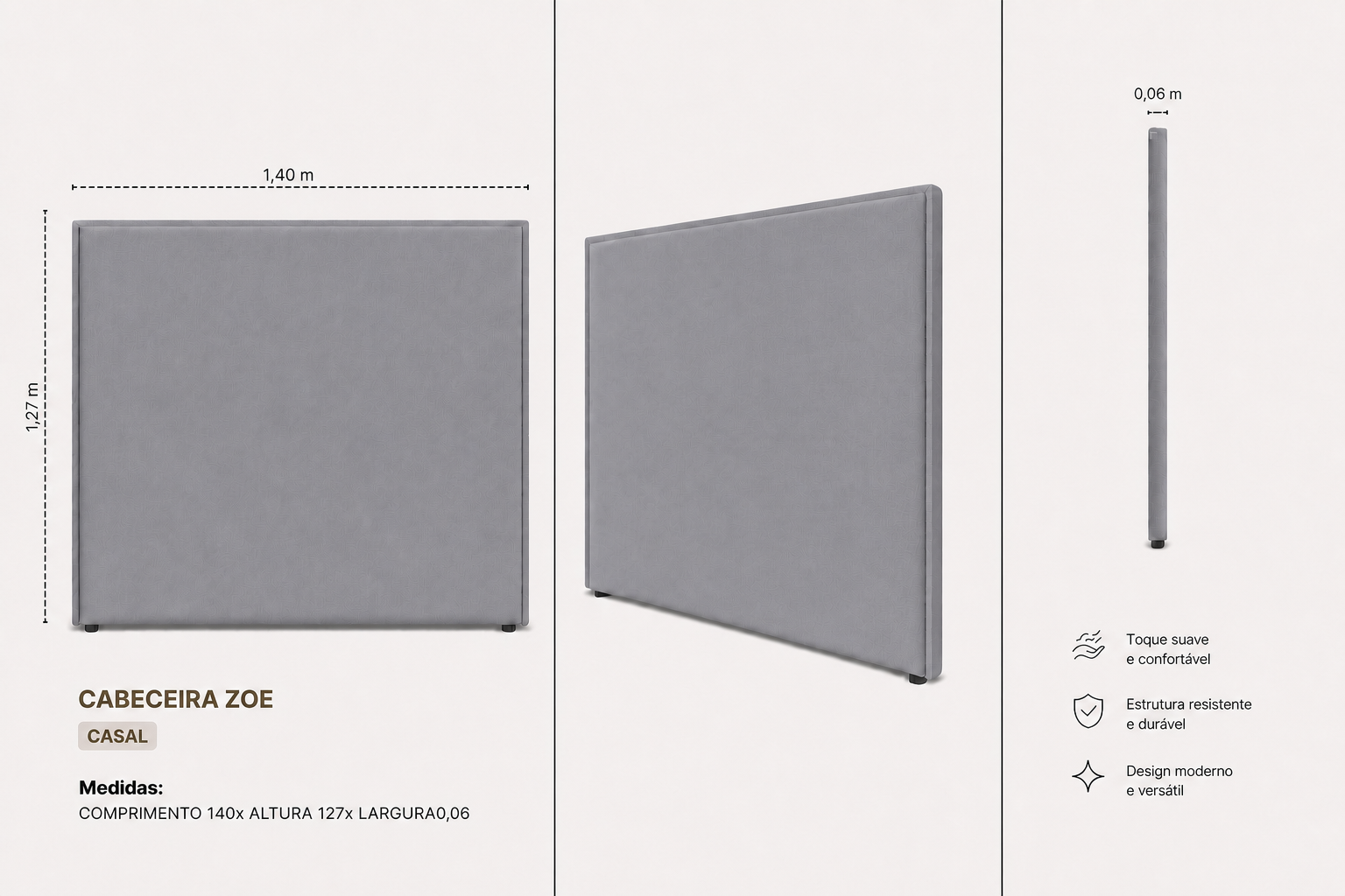 Cabeceira Zoe Casal 140cm  Cinza