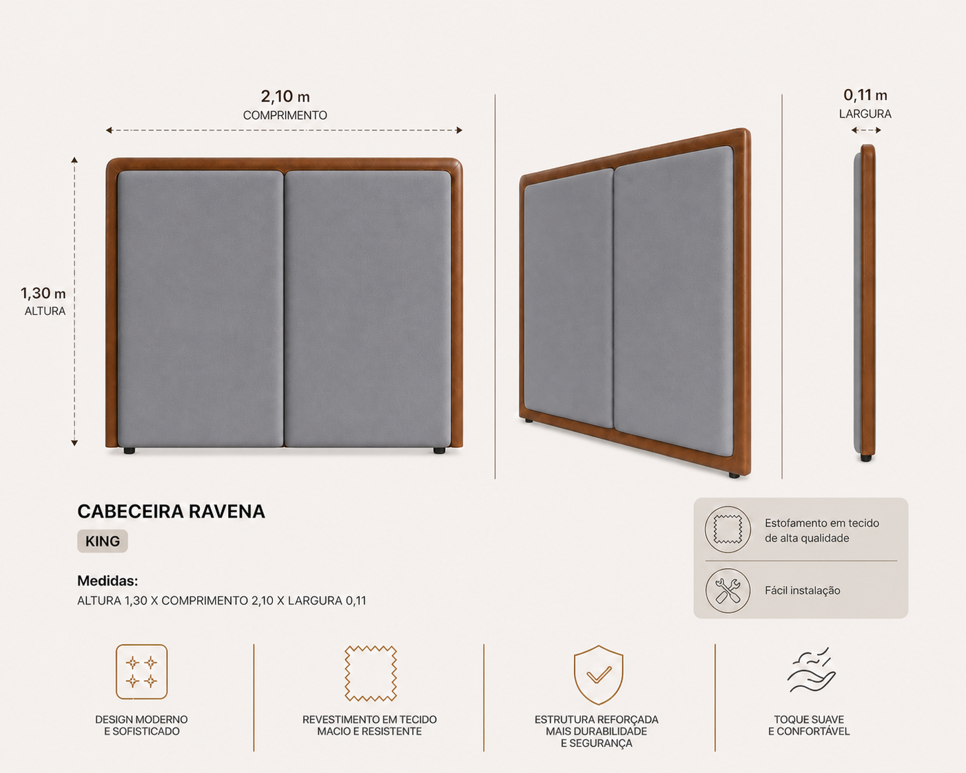 Cabeceira Ravena King 210cm  Cinza