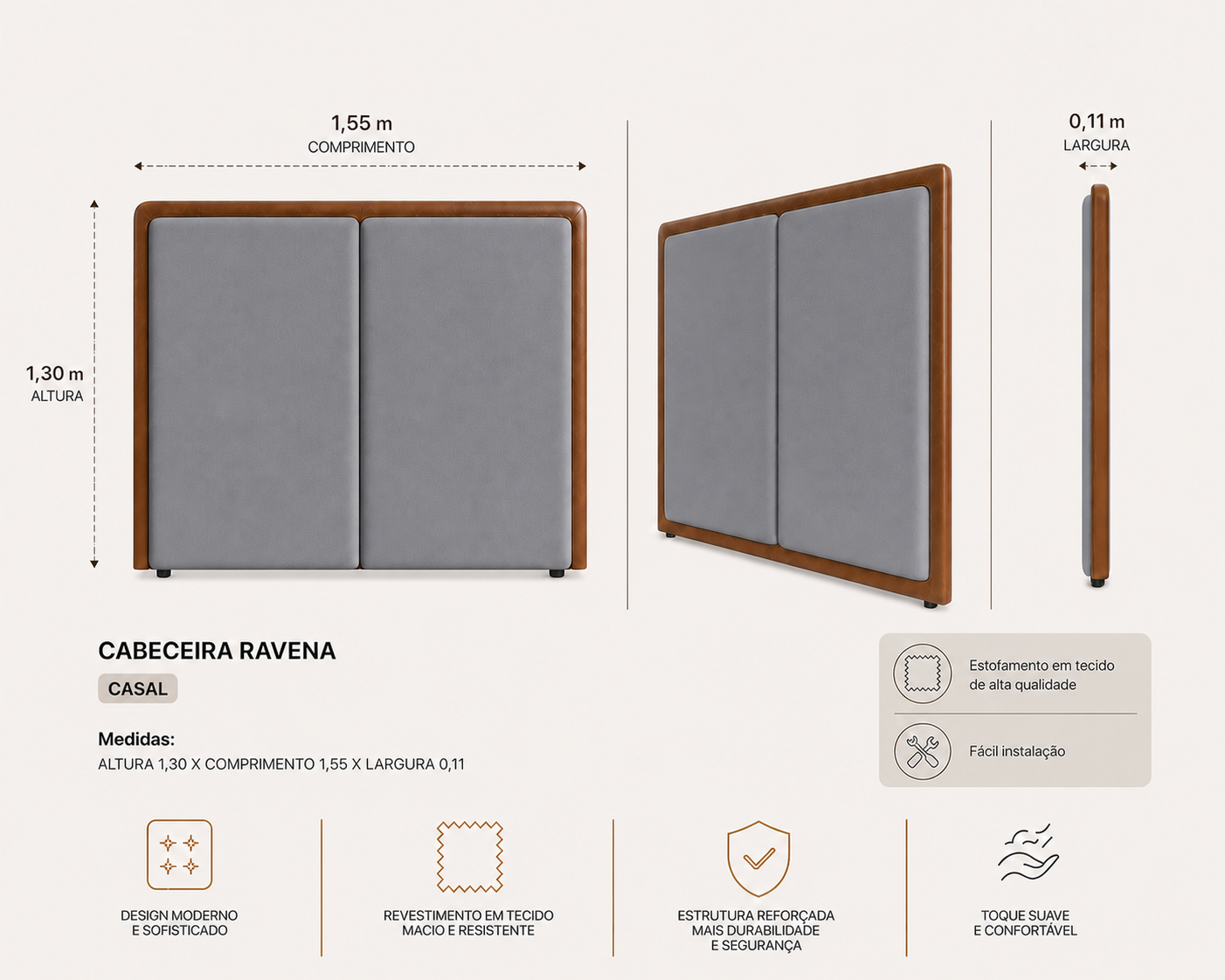 Cabeceira Ravena Casal 155cm  Cinza