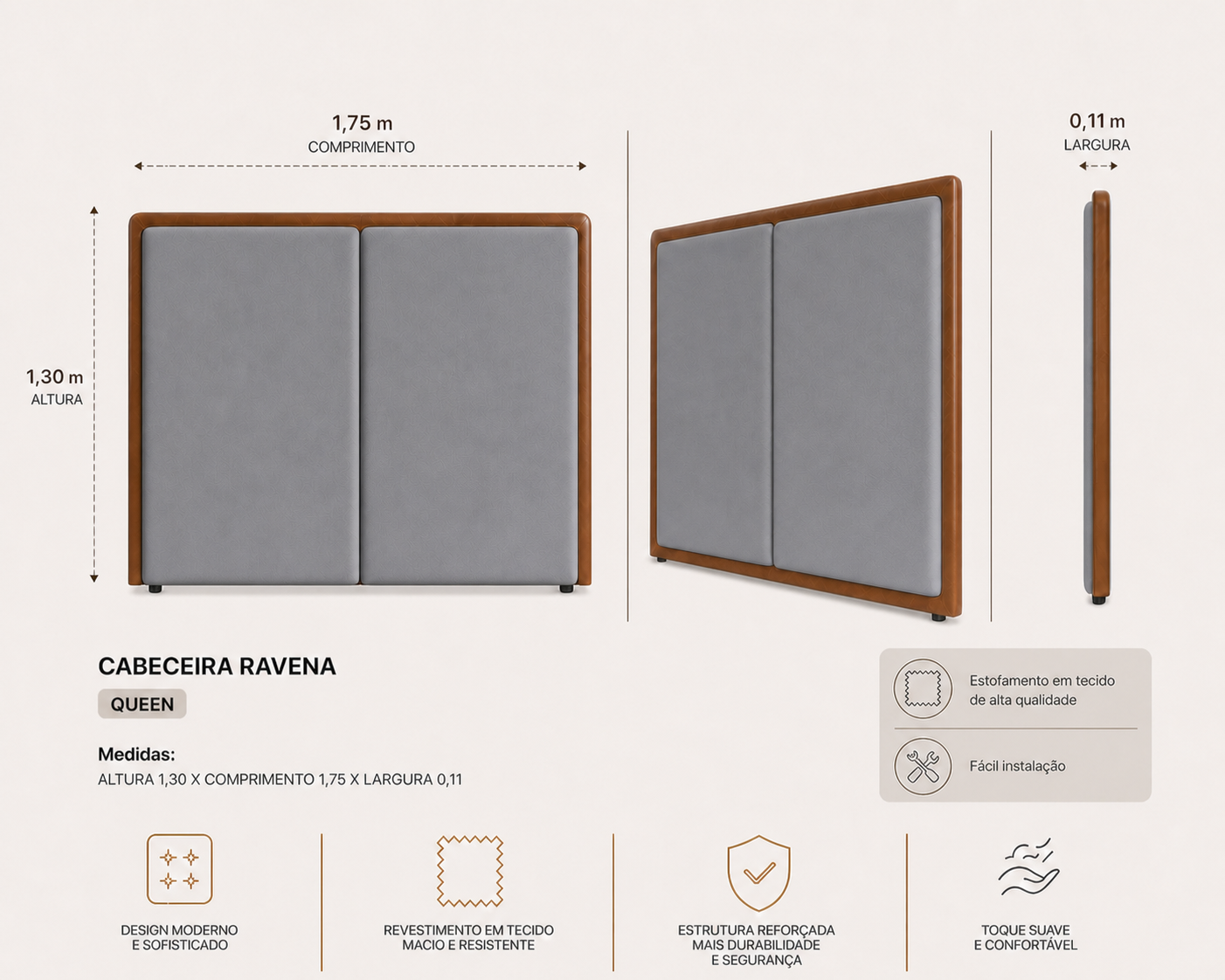 Cabeceira Ravena Queen 175cm  Cinza